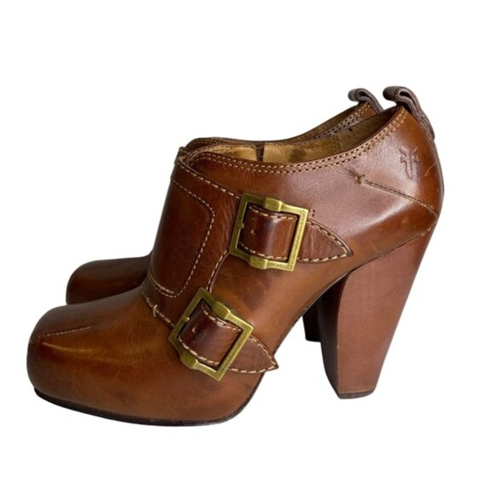 Frye Marta Brown Leather Heeled Ankle Booties With Double Buckle Design 6M‎